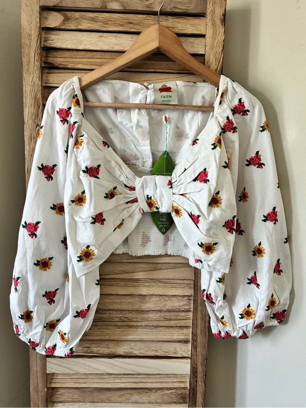 Farm Rio Mixed Cross Stitch Flowers Embroidered Crop Top Off-White Bow Blouse L
